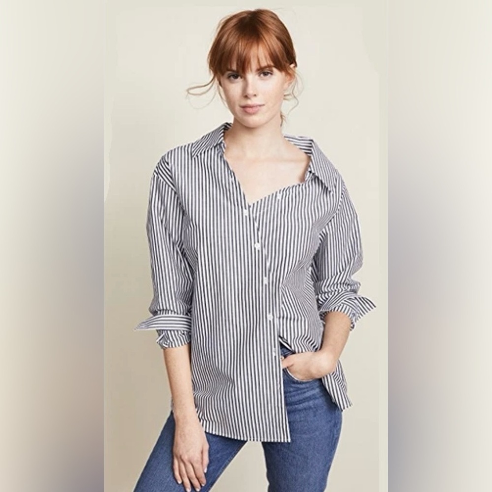 Frame Button-Down Shirt Aslant Cotton B & W Striped
